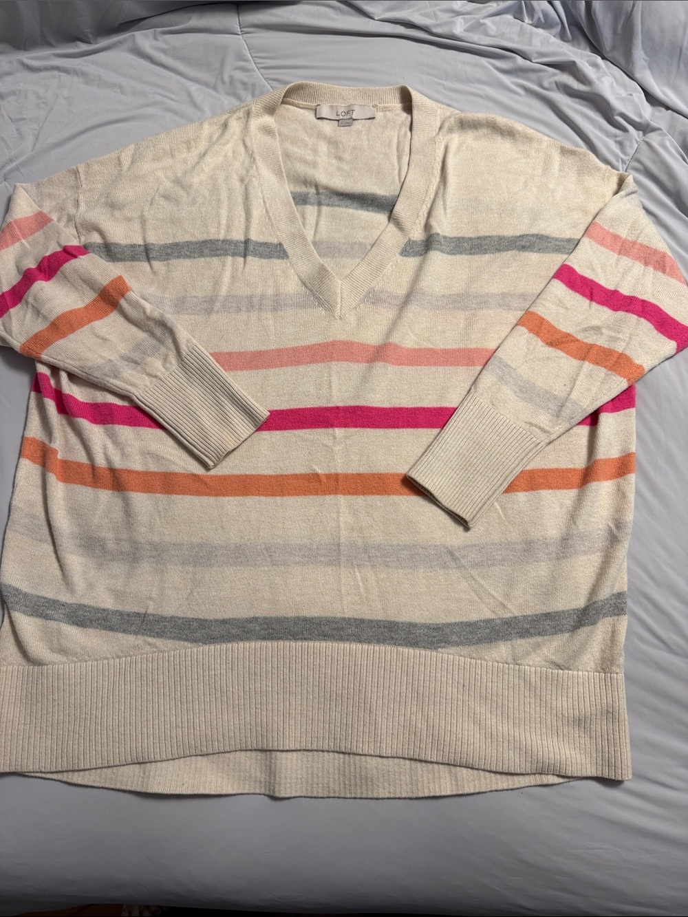 LOFT Cream V-Neck Sweater with Pink, Coral & Gray Stripes